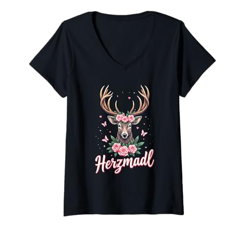 Damen Herzmadl Damen Volksfest Hirsch Blumen Trachten T-Shirt mit V-Ausschnitt von Mädchen Trachtenshirts und Damen Dirndl