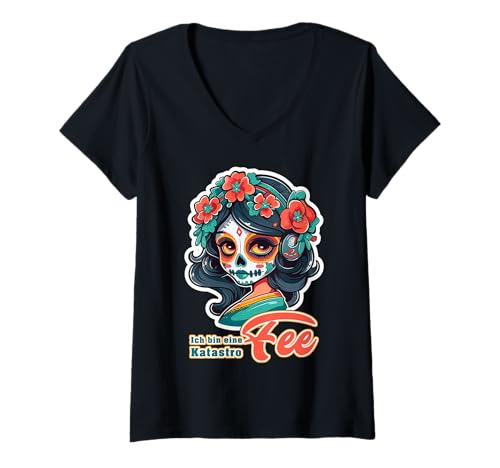 Damen Mädchen mit Zuckerschädel Traditionell - Katastrophe FEE T-Shirt mit V-Ausschnitt Damen Mädchen mit Zuckerschädel Traditionell - Katastrophe FEE T-Shirt mit V-Ausschnitt von Mädchen mit Zuckerschädel - Katastrophe FEE