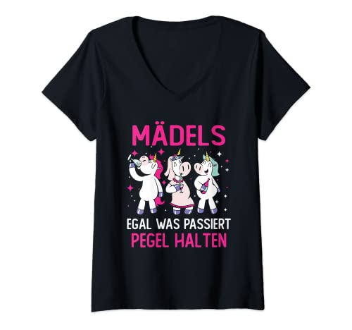 Damen Mädels Egal Was Passiert Pegel Halten Mädelsabend Einhorn T-Shirt mit V-Ausschnitt von Mädels Egal Was Passiert Pegel Halten