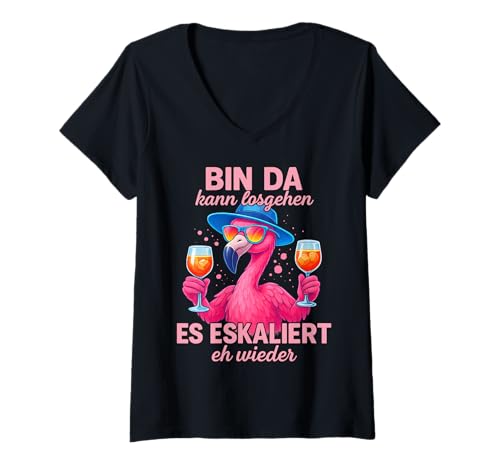 Damen Flamingo Bin da kann losgehen Oktoberfest Lederhosen Party T-Shirt mit V-Ausschnitt von Mädelsabend Männerabend Partyoutfit Partykostüm
