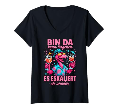 Damen Flamingo Bin da kann losgehen es eskaliert eh Wieder Party T-Shirt mit V-Ausschnitt Damen Flamingo Bin da kann losgehen es eskaliert eh Wieder Party T-Shirt mit V-Ausschnitt von Mädelsabend Männerabend Partyoutfit Partykostüm