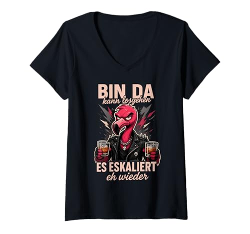 Damen Flamingo Bin da kann losgehen es eskaliert eh Wieder Party T-Shirt mit V-Ausschnitt Damen Flamingo Bin da kann losgehen es eskaliert eh Wieder Party T-Shirt mit V-Ausschnitt von Mädelsabend Männerabend Partyoutfit Partykostüm