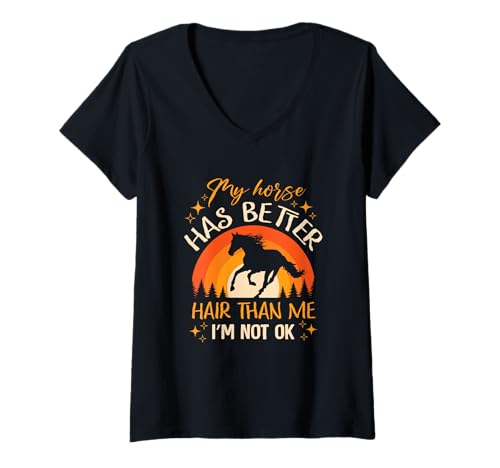 Damen Mein Pferd hat bessere Haare als MEI ist Nicht in Ordnung T-Shirt mit V-Ausschnitt Damen Mein Pferd hat bessere Haare als MEI ist Nicht in Ordnung T-Shirt mit V-Ausschnitt von Mähne Neid
