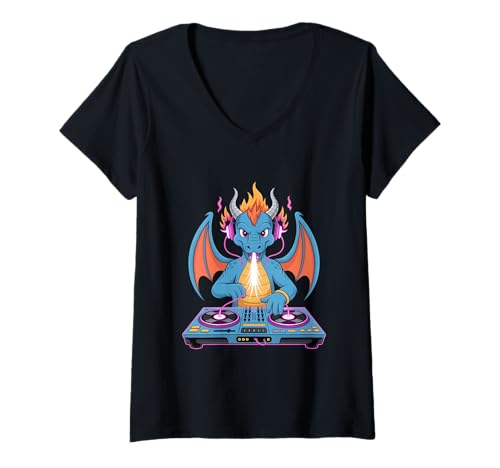 Damen Märchen Dj Drache Mit Kopfhörern T-Shirt mit V-Ausschnitt Damen Märchen Dj Drache Mit Kopfhörern T-Shirt mit V-Ausschnitt von Märchen Dj Drache Fantasy Musik Kunst