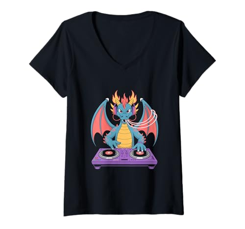 Damen Märchenhafter Drachen Dj Musikliebhaber T-Shirt mit V-Ausschnitt Damen Märchenhafter Drachen Dj Musikliebhaber T-Shirt mit V-Ausschnitt von Märchen Drachen Musik Dj Fantasy Party