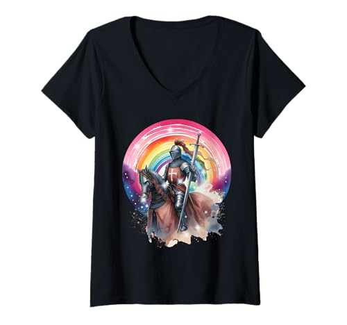 Damen Märchen Ritter Kind Ritterrüstung Regenbogen Mittelalter T-Shirt mit V-Ausschnitt Damen Märchen Ritter Kind Ritterrüstung Regenbogen Mittelalter T-Shirt mit V-Ausschnitt von Märchenfigur Märchen Kinder