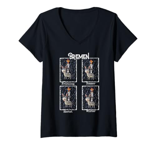 Damen Lustige Bremer Stadtmusikanten Bremen Wetter Cartoon T-Shirt mit V-Ausschnitt Damen Lustige Bremer Stadtmusikanten Bremen Wetter Cartoon T-Shirt mit V-Ausschnitt von Märchenhafte Tierfreunde