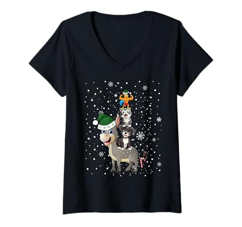 Damen Lustige Bremer Stadtmusikanten Weihnachten Bremen Cartoon T-Shirt mit V-Ausschnitt von Märchenhafte Tierfreunde