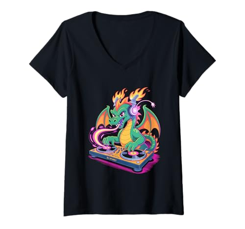 Damen Fairytale Dj Sparky Drachen Musik Magie T-Shirt mit V-Ausschnitt Damen Fairytale Dj Sparky Drachen Musik Magie T-Shirt mit V-Ausschnitt von Märchenhaften Dj Fantasie Drachen Beat
