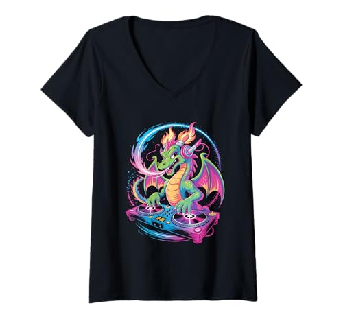 Damen Märchen DJ Drachen Musik Zauber Feier T-Shirt mit V-Ausschnitt Damen Märchen DJ Drachen Musik Zauber Feier T-Shirt mit V-Ausschnitt von Märchenhafter DJ Drachen Bass Beats Fantasy