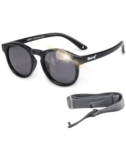 Maesy - Baby Sonnenbrille Bowi - 1-3 Jahre - flexibel biegbar - verstellbares Gummiband - Polarisierte UV400 Schutz- Dreumes und Kleinkind - Jungen und Mädchen - Kinder Sonnenbrille Rund (Schwarz) von Maesy