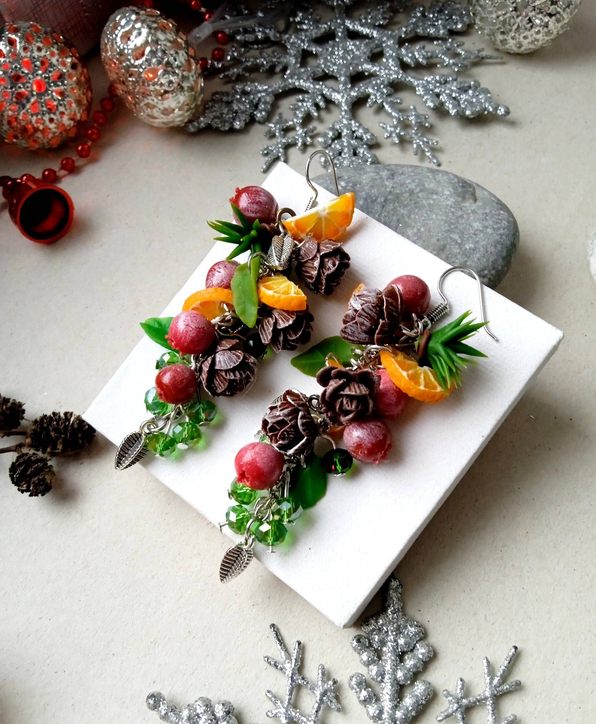 Ohrringe Weihnachten - Tannenzapfen, Fichte, Mandarine-Polymer Clay Blumen-Geburtstag Accessoires-Muttertagsgeschenk Für Frauen Ohrringe Weihnachten - Tannenzapfen, Fichte, Mandarine-Polymer Clay Blumen-Geburtstag Accessoires-Muttertagsgeschenk Für Frauen von MafiozoJewelry