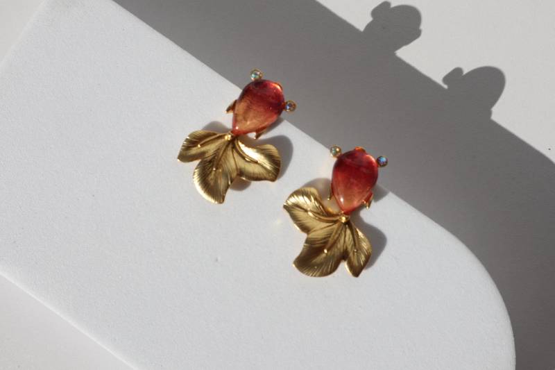 Fish Earrings Colourful Luxury Plated Orange Gold Hanging Elegant Wedding Christmas Gift Rare Find Baroque Style Vintage Office Wear von Mafukoo