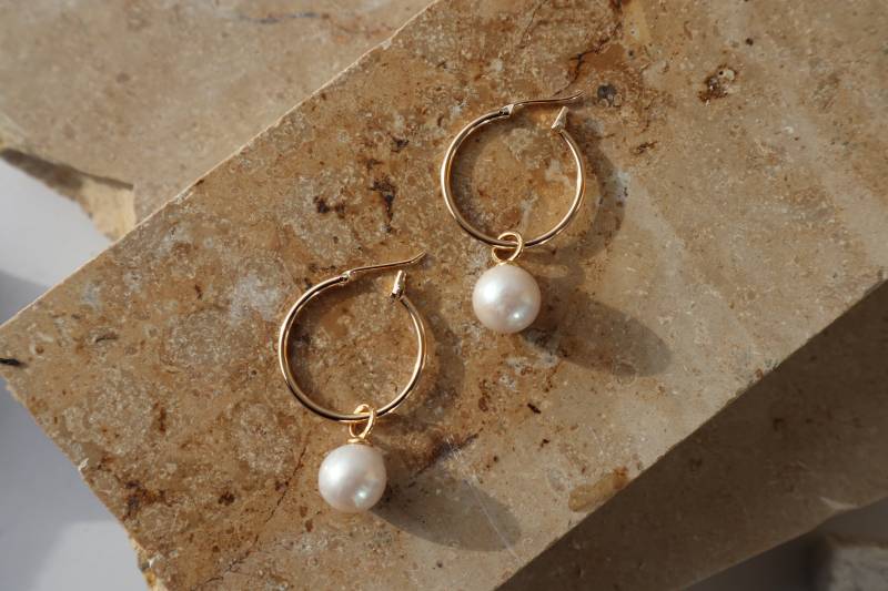 Freshwater Pearls 9-10mm Gold Hoops With Freshwater 14K Plated Earrings Gold Wedding Party Christmas Gift 22mm von Mafukoo