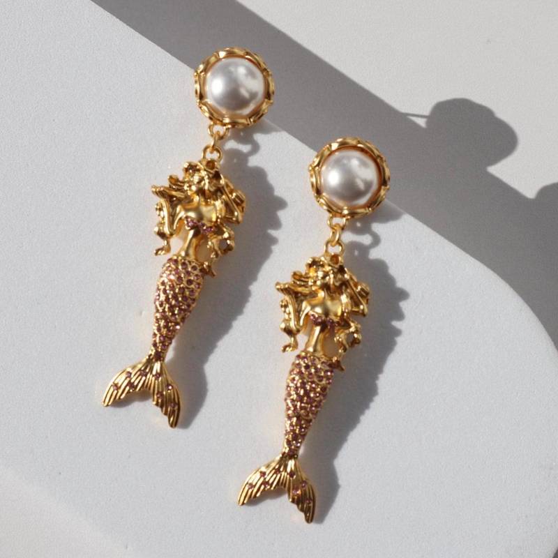 Mermaid Earrings Colourful Luxury Pink Gold Hanging Elegant Wedding Christmas Gift Rare Find Baroque Style Vintage von Mafukoo