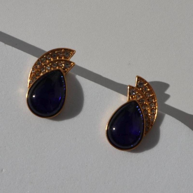 Retro Palace Water Drop Sharp Earrings Blue Gold Stud Elegant Wedding Christmas Gift Rare Find Baroque Style Vintage Luxury von Mafukoo