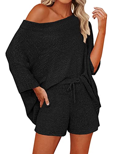 Mafulus Damen 2-teiliges Outfit Pullover-Set Schulterfreies Strickoberteil + Kordelzug Taille Kurze Anzüge Casual Niedliche Sets - Schwarz - X-Groß von Mafulus