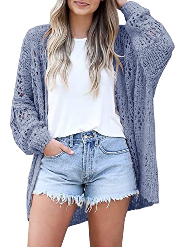 Mafulus Damen Häkelpullover Cardigan Kimono Boho Mantel Leicht Weich Lose Offene Vorderseite Gestrickt Outwear - Blau - Groß von Mafulus