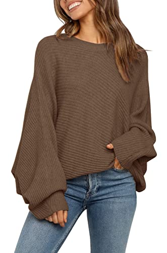 Mafulus Damen Oversized Crewneck Sweater Batwing Puff Long Sleeve Cable Slouchy Pullover Jumper Tops, 1 - Kaffeebraun, X-Groß von Mafulus