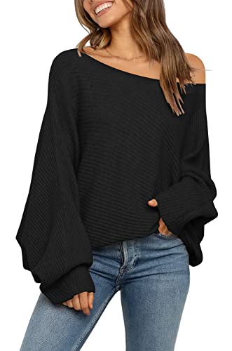 Mafulus Damen Oversized Crewneck Sweater Batwing Puff Long Sleeve Cable Slouchy Pullover Jumper Tops, 2-Off Shoulde Schwarz, Klein von Mafulus