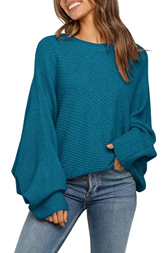 Mafulus Damen Oversized Crewneck Sweater Fledermaus-Puff Langarm Kabel Slouchy Pullover Pullover Tops - Blau - X-Groß von Mafulus