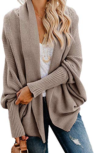 Mafulus Damen Strickjacke Pullover Oversized Grobstrick Kimono Slouchy Wrap Batwing Open Front Outwear Mantel, Khaki, Mittel von Mafulus