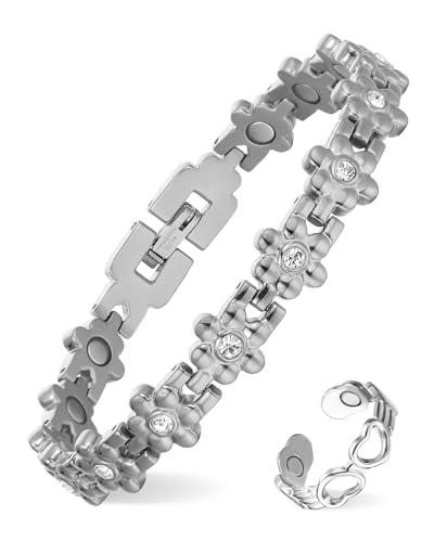 MagEnergy Damen Magnetarmband aus Edelstahl mit Blumenmuster + Herz-Kupferring – Verstellbares Schmuck-Set, Hautfreundlich von MagEnergy
