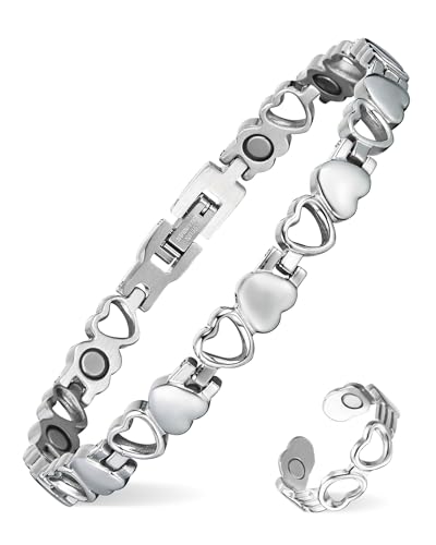 MagEnergy Magnetarmband für Damen – Herzförmiges Titanstahl-Armband mit Magneten + Verstellbarer Magnetring aus 99,9 % reinem Kupfer, Geschenkset von MagEnergy