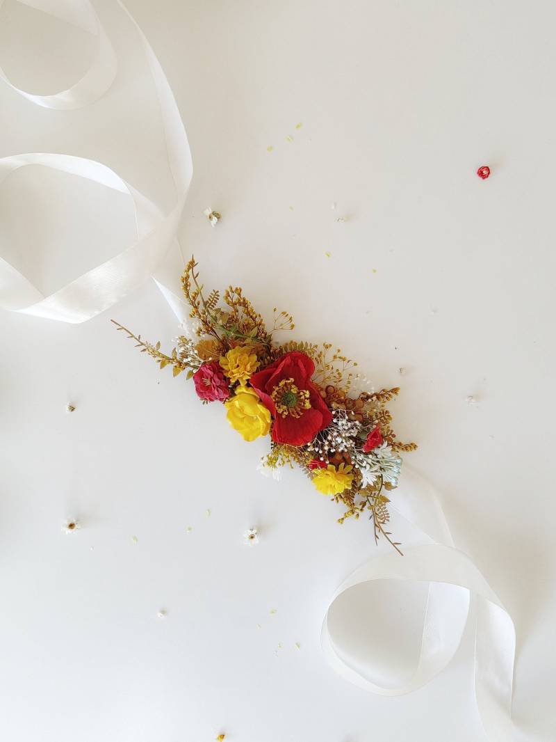 Roter Und Gelber Blumengürtel Gürtel Für Brautkleid Sommerhochzeit Mohnblumen Herbst Floral Boho-Gürtel Bride To Be Meadow Style Boho von MagaelaAccessories