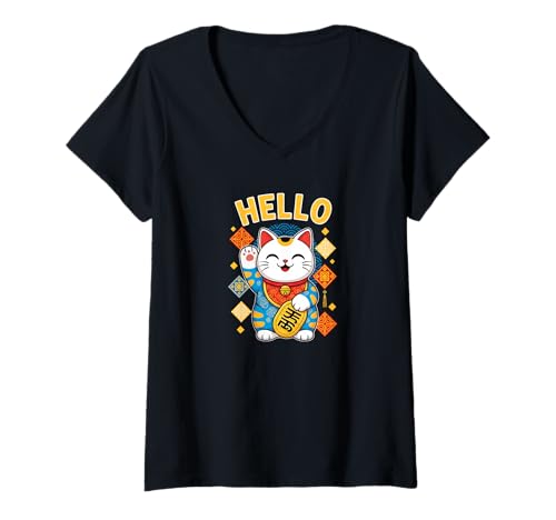Damen Glückskatze Maneki Neko Japanische Winkekatze Glücksbringer T-Shirt mit V-Ausschnitt von Magann Funny Tees Design