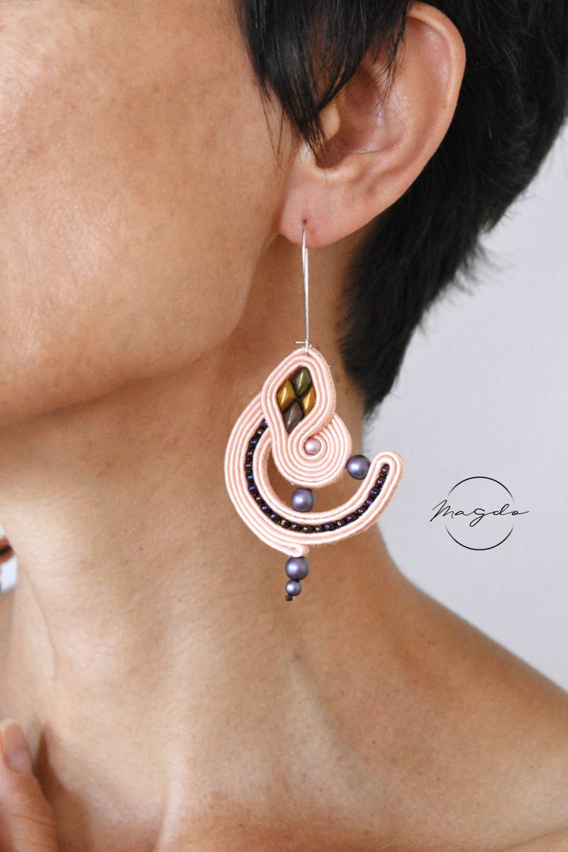 Pfirsich Soutache Ohrringe Handgemachte Ohrringe Mit Perle von MagdoTouch