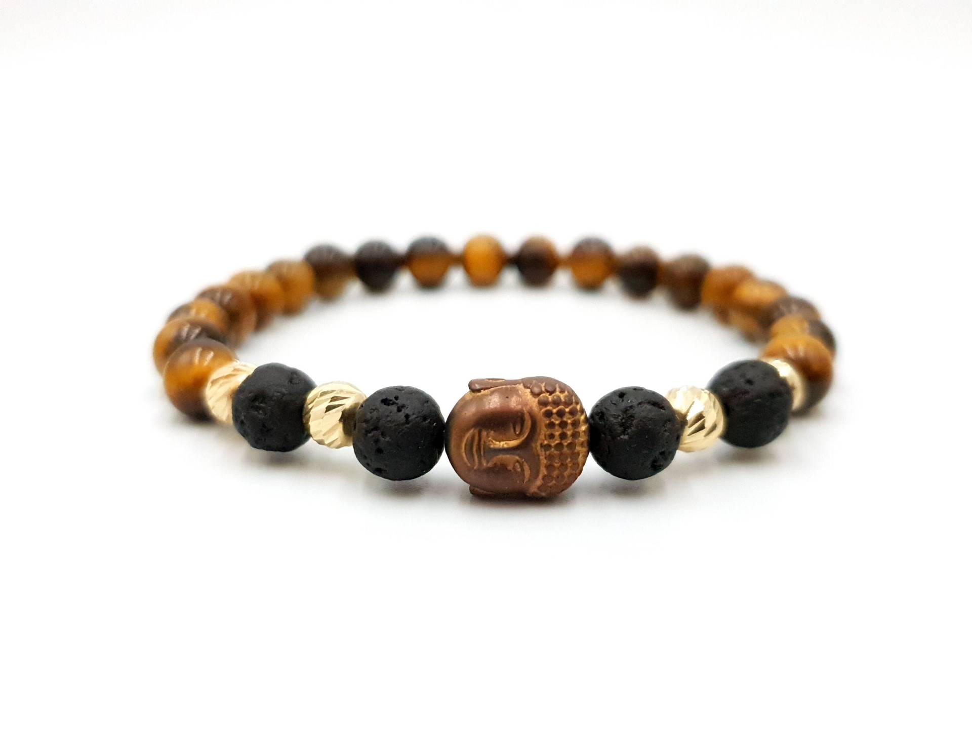 14K Gelb Massivgold Armband/Pure Gold Natursteine Tigerauge Und Lava 8mm/Gold Armbänder/Chakra Unisex Buddha Charm Armband von MagdyssJewellery