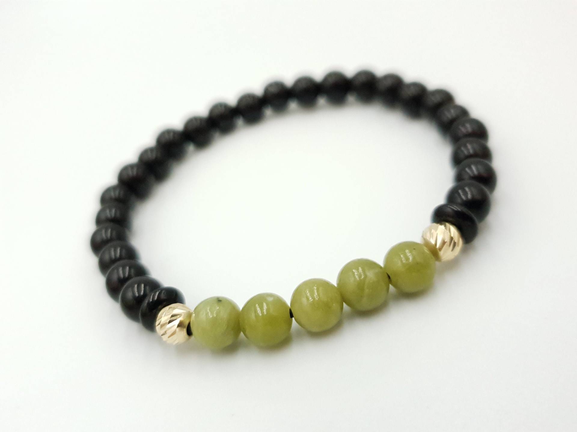 14K Gelbe Massivgold Perlen /Gold Natursteine Obsidian Und Jade /Pure Gold Schmuck/Geschenk Armbänder Für Männer Frauen/14K von MagdyssJewellery