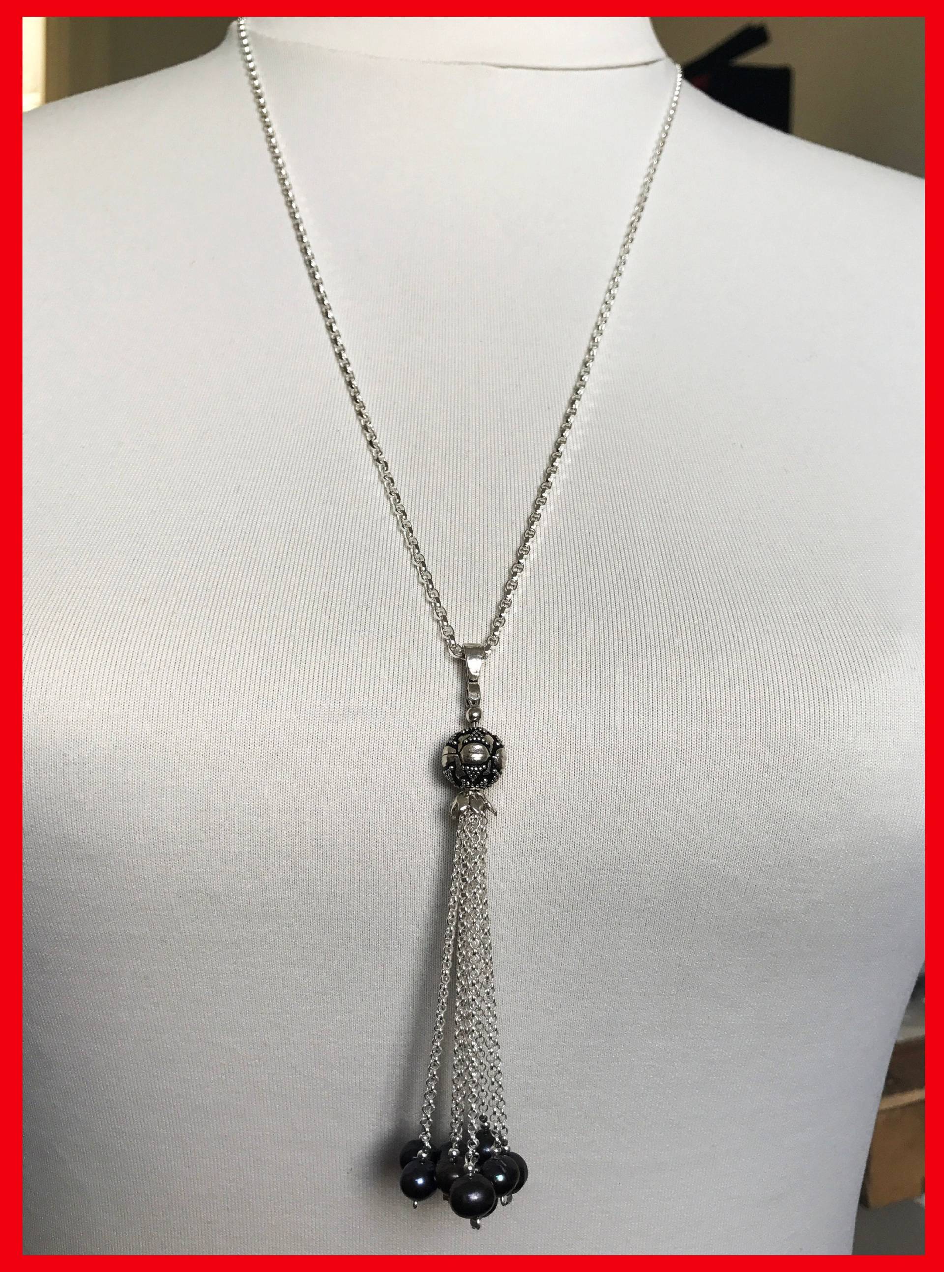 Lange Sterling Silber Halskette, Lange Quaste Perlenkette, Fransen Schwarze Perle Perlenkette Lange Sterling Silber Halskette, Lange Quaste Perlenkette, Fransen Schwarze Perle Perlenkette von MagellaGB