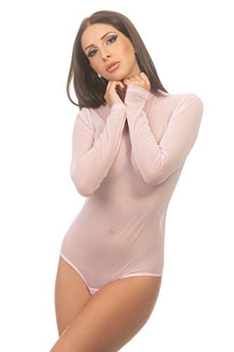 Langarm-Damen Body transparenter Tüll-Bodysuit mit Halbkragen Basic-Body mit Langen Ärmeln Größen schicker Unterzieh-Body für Frauen (M, Rosa) von Magi