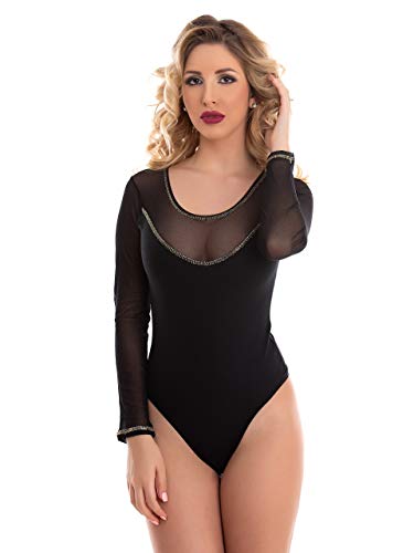 Magi Body Damen Langarm | Stringbody mit Rundhals Tüll-Ärmeln | Overall Bodysuit Jumpsuit für Frauen | Unterzieh-Body mit optimaler Passform | Eleganter Damen Body (S, Shwarz) von Magi