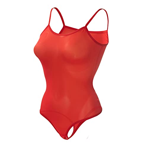 Magi Body damen | Stringbody Tüll-Body mit Spaghettiträger S M L XL XXL Unterzieh-Body optimale Passform | Damen String Bodysuit für Frauen Transparent| Unterbekleidung (S, Rot-2) von Magi