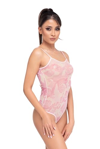 Magi Body damen | Stringbody Tüll-Body mit Spaghettiträger S M L XL XXL Unterzieh-Body optimale Passform | Damen String Bodysuit für Frauen Transparent| Unterbekleidung (XL, Floral Rosa) von Magi