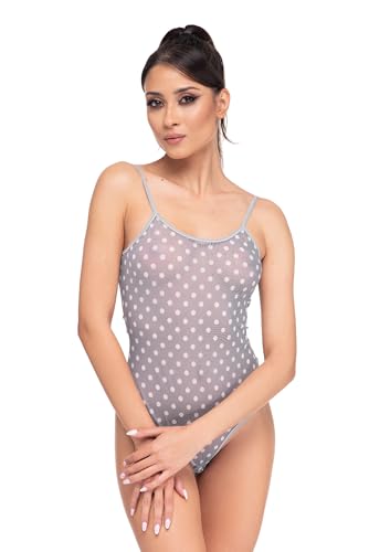Magi Body damen | Stringbody Tüll-Body mit Spaghettiträger S M L XL XXL Unterzieh-Body optimale Passform | Damen String Bodysuit für Frauen Transparent| Unterbekleidung (XL, Grau Punkte) von Magi