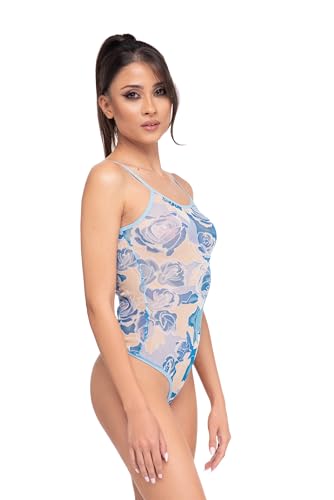 Magi Body damen | Stringbody Tüll-Body mit Spaghettiträger S M L XL XXL Unterzieh-Body optimale Passform | Damen String Bodysuit für Frauen Transparent| Unterbekleidung (XXL, Floral Blau) von Magi