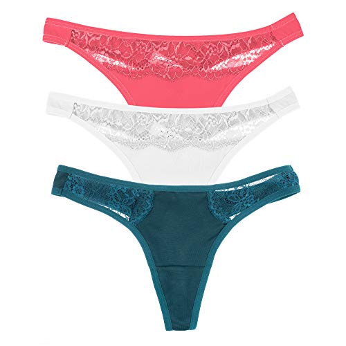 Magi Damen Tanga String aus Baumwolle mit Spitzen | Unterwäsche Made in EU | 3er Set (Coral/Weiß/Petrol, XL) von Magi