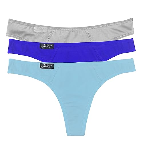 Magi Damen Tanga String aus Baumwolle mit Spitzen | Unterwäsche Made in EU | 3er Set (Royalblau/Grau/Hellblau, M) von Magi