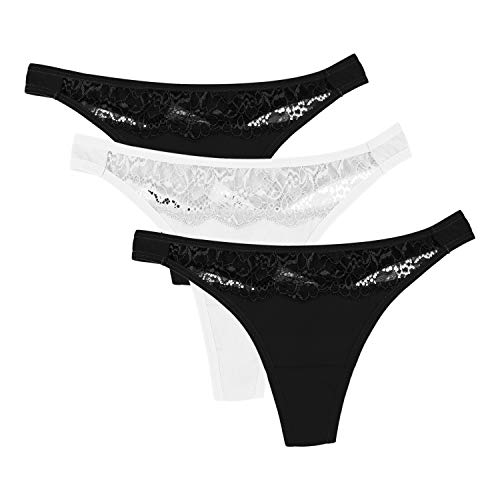 Magi Damen Tanga String aus Baumwolle mit Spitzen | Unterwäsche Made in EU | 3er Set (Schwarz/Weiß/Schwarz, L) von Magi