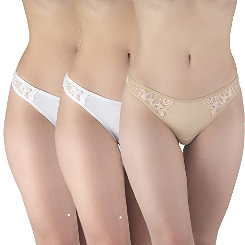 Magi Damen Tanga String aus Baumwolle mit Spitzen | Unterwäsche Made in EU | 3er Set (Weiss/Beige,L) von Magi