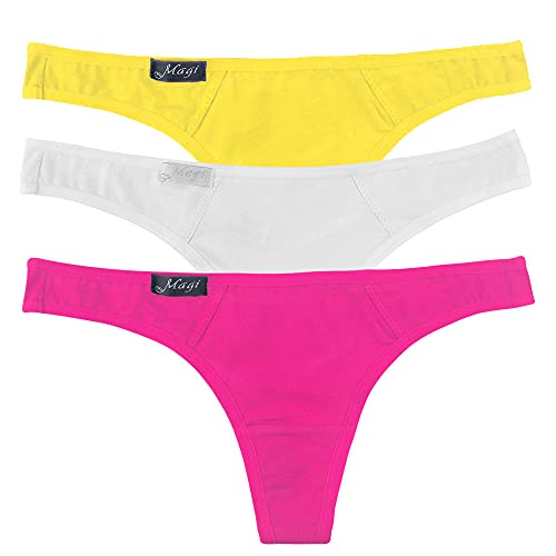 Magi Damen Tanga String aus Baumwolle mit spitzen | Unterwäsche made in EU | 3er set (Gelb/Pink/Weiß, L, l) von Magi