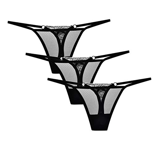 Magi Damen Tanga String aus Transperenter Tüll oder Spitze Unterwäsche Made in EU 3er Set (Schwarz, L) von Magi