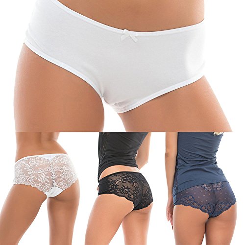Magi Hipster Damen mit Spitze Baumwolle 3er-Pack (Weiß&Schwarz&Blau, XXL) von Magi