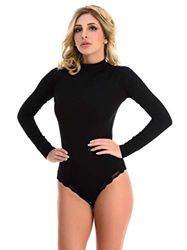 Magi Langarm Damen Body Bodysuit mit Halbkragen Basic Body mit langen Ärmeln (L, Schwarz) von Magi