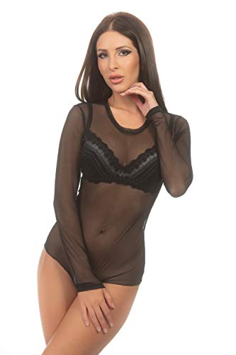 Magi Langarm-Damen Body | transparenter Tüll-Bodysuit mit Rundhals | Basic-Body mit Langen Ärmeln Größen | schicker Unterzieh-Body für Frauen (schwarz, XXL) von Magi