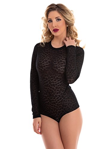 Magi Spitzen-Body | Damen Langarm Body mit Rundhals | transparenter Unterzieh-Body Größen | Damen Dessous | Florale Spitze | Verschluss-Haken | Unterzieh-Body (XL, schwarz) von Magi